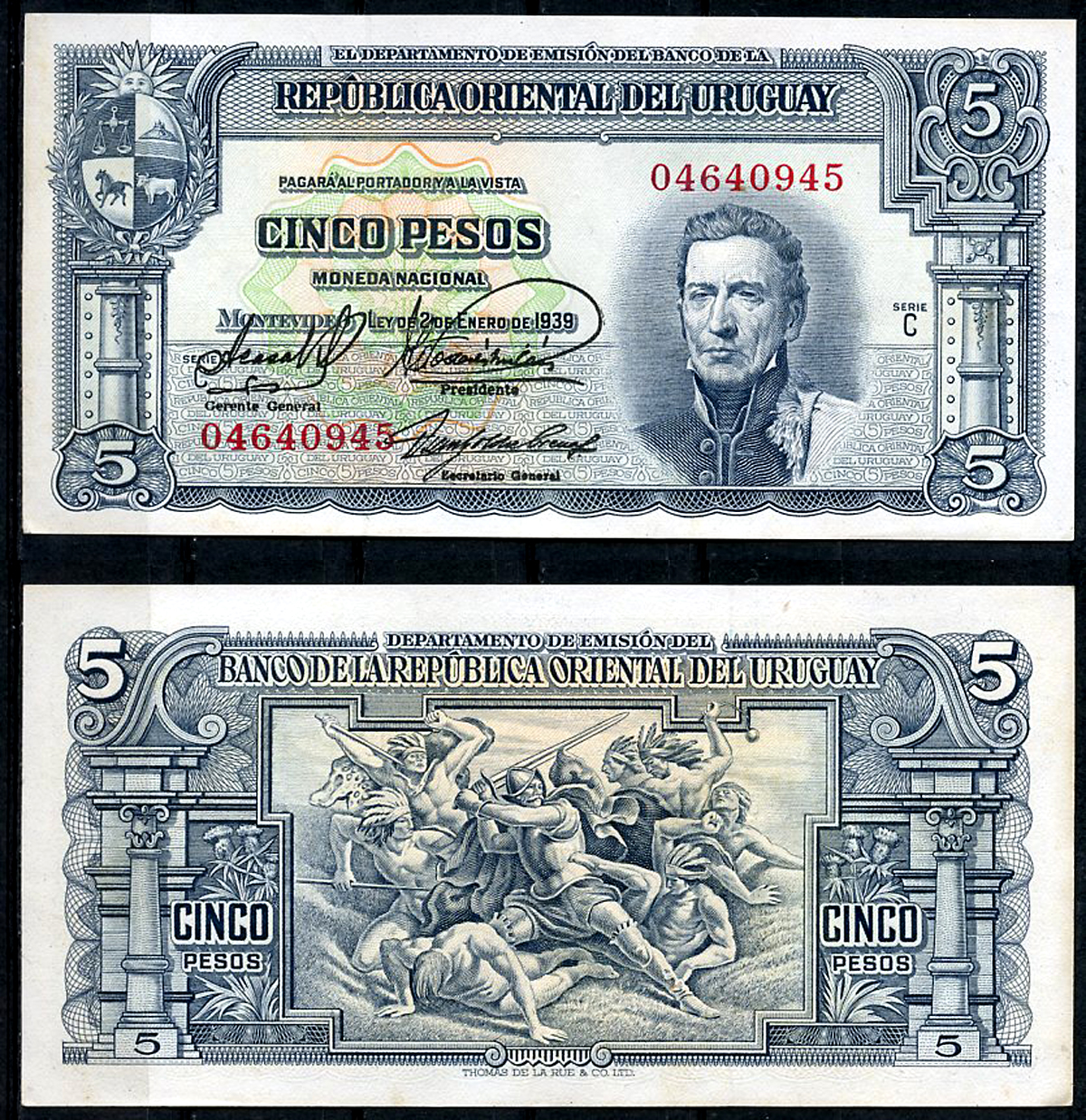 Уругвай 5 песо 1939 Хосе Хервасио Артигас, конкистадор, сражающийся с индейцами, серия С Pick 36 b (1)  бумага 444-129-2-2
