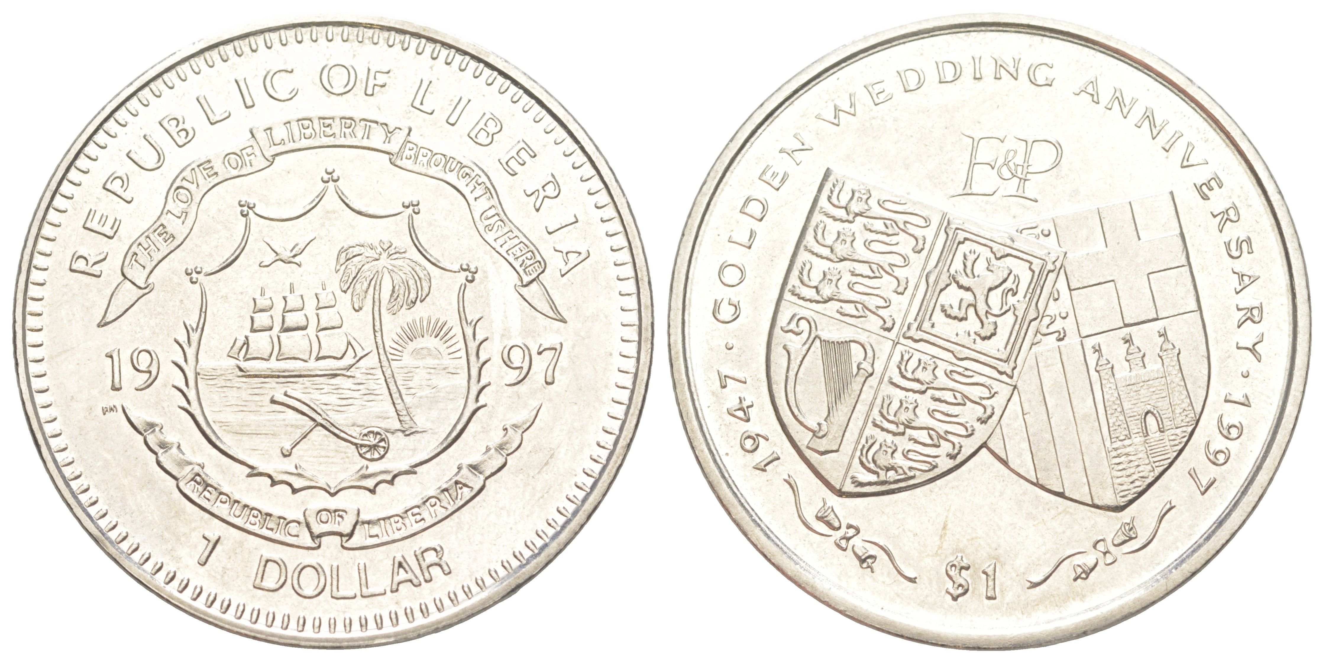 Либерия 1 доллар 1997 Золотая свадьба - Два гербовых щита KM 327 медно-никель BU 4044-435