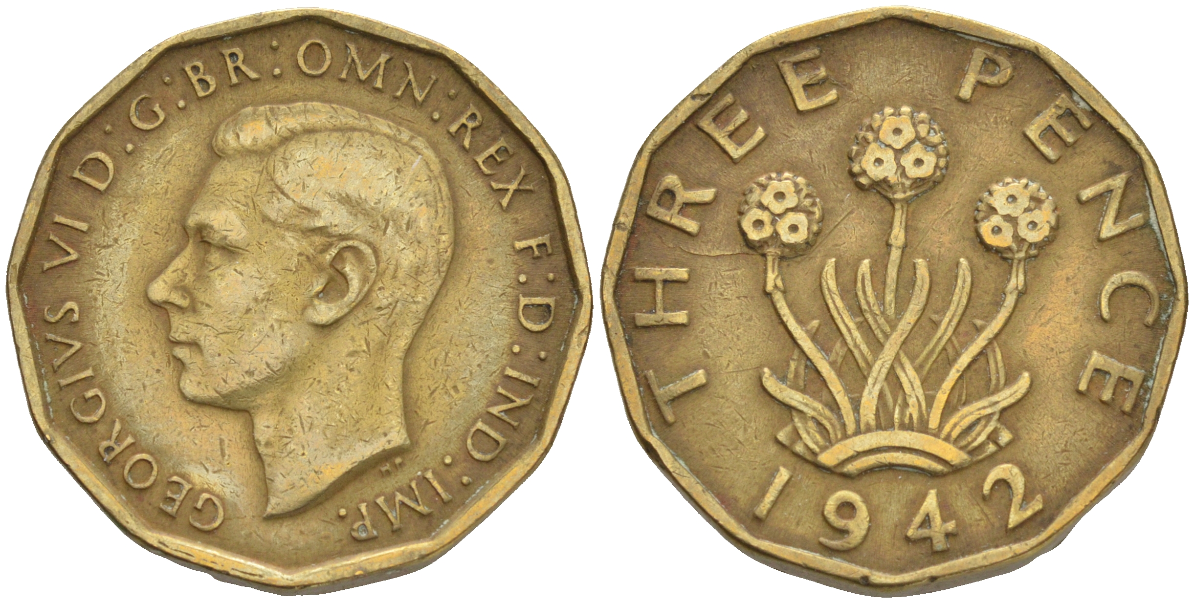 Великобритания 3 пенса 1942 Георг VI (1936-1952) KM 849, Spink 4112 никель латунь 4561-556