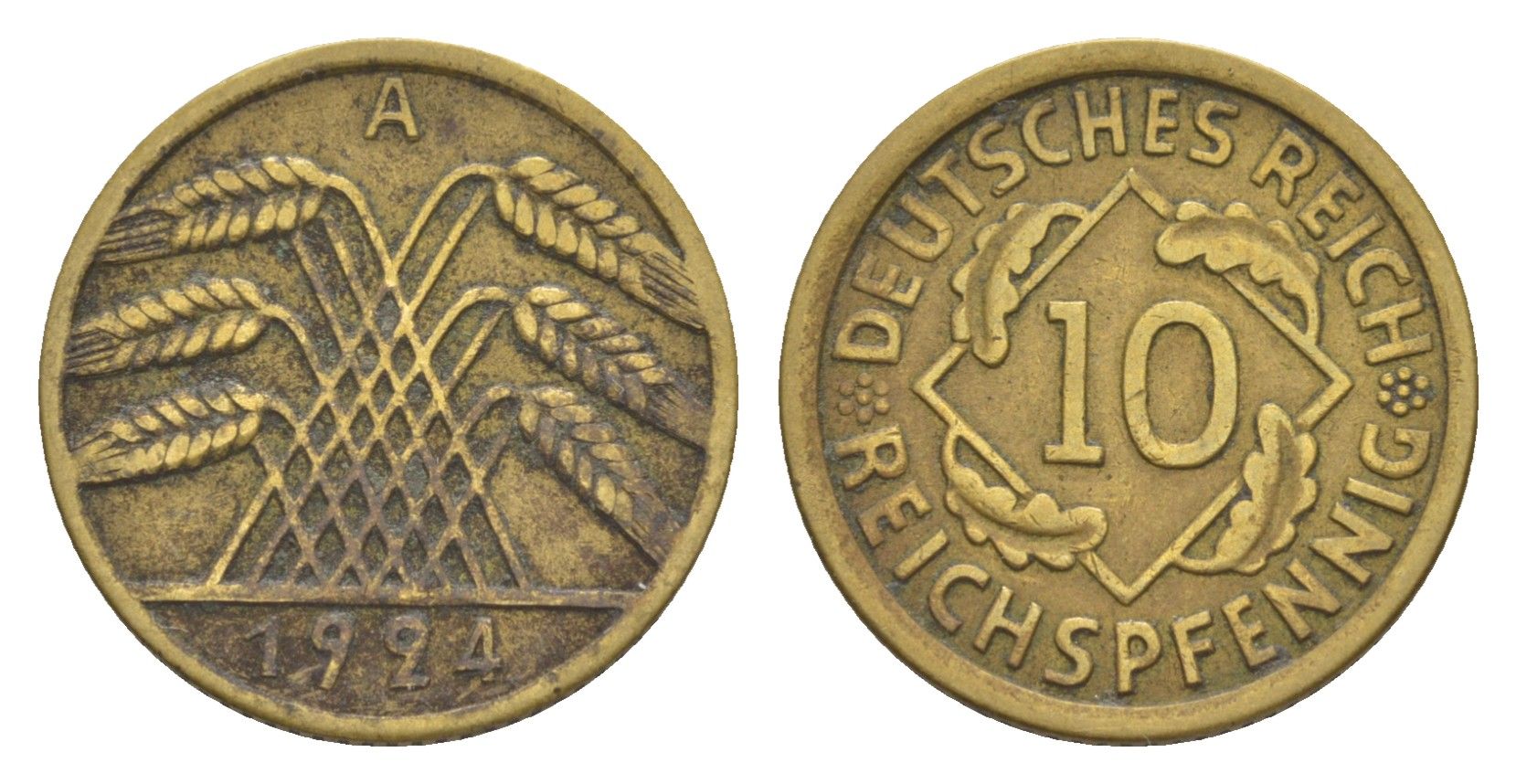 Германия 10 рейхспфеннигов 1924 A KM 40, J. 317 алюминиевая бронза 4640-351