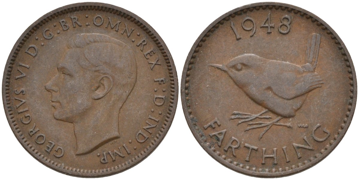Великобритания 1 фартинг 1948 Георг VI (1936-1952) KM 843, Spink 4116 бронза 4596-968