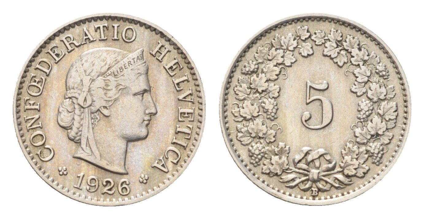 Швейцария 5 раппенов 1926 B KM 26 медно-никель 4705-1222