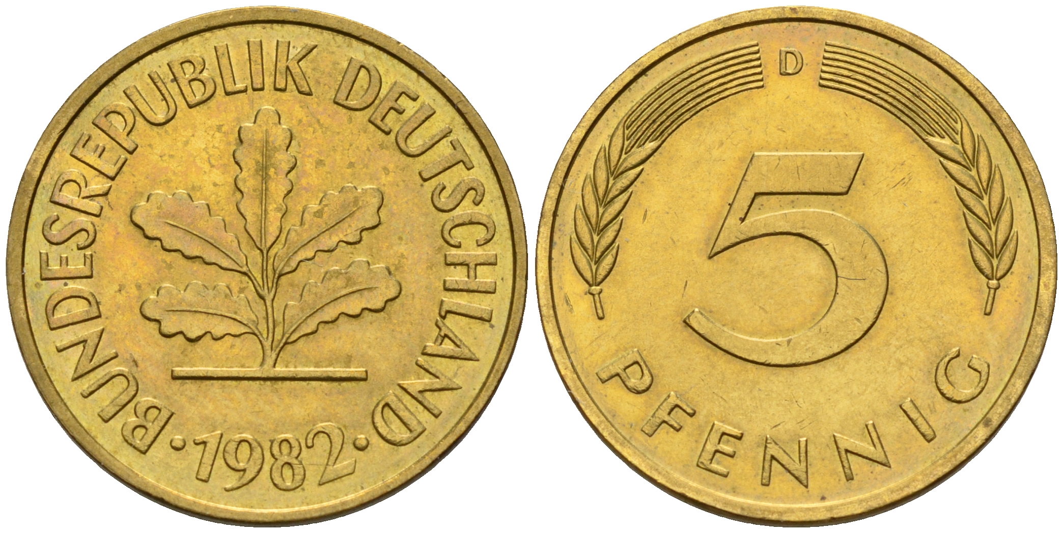 ФРГ 5 пфеннигов 1982 D KM 107 сталь плакированная латунью  UNC  4160-1158