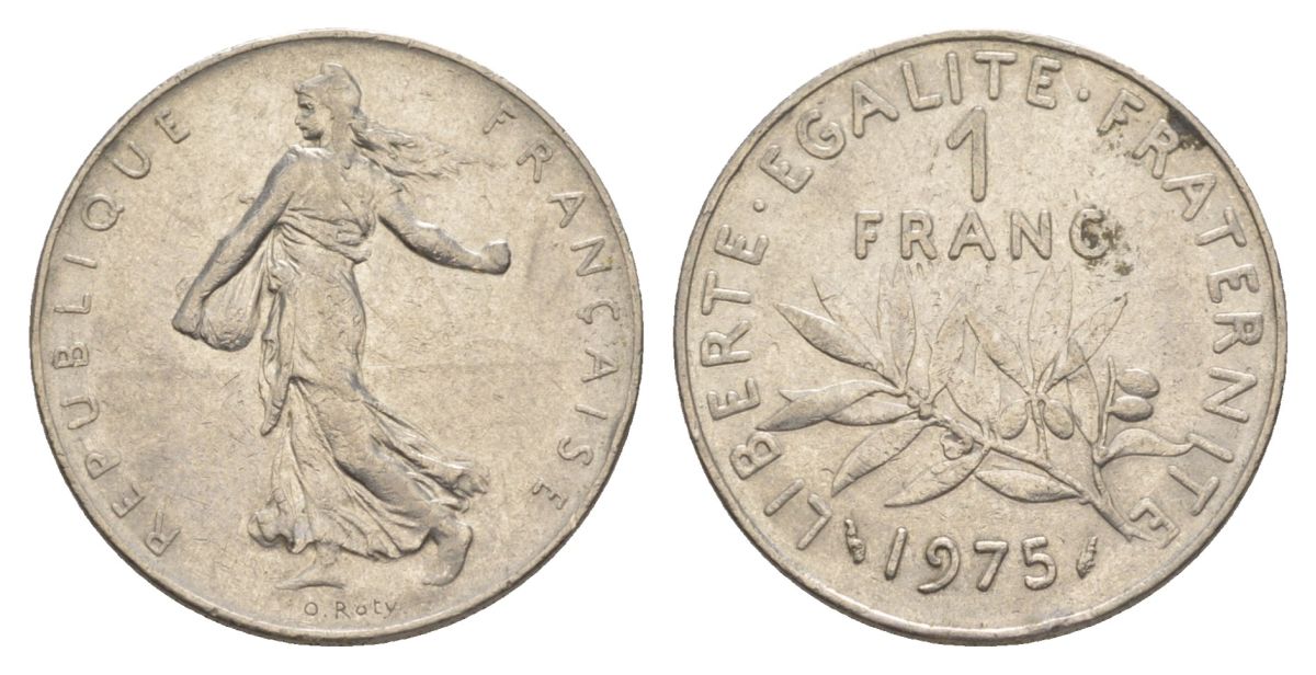 Франция 1 франк 1975 сеятель KM 925.1, Le Franc 226.20 никель 4631-534