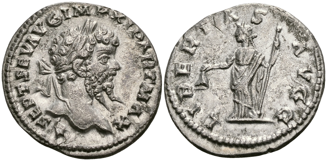 Римская Империя денарий 193 - 211 Септимий Север LIBERTAS AVGG Либертата, персонификация Свободы Рим Good Very fine RIC 133 серебро 1073-4-8-1