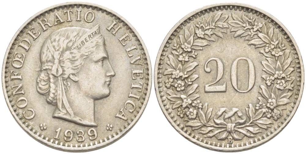 ШВЕЙЦАРИЯ 20 РАППЕНОВ 1939 В KM 29а медно-никель 4511-856