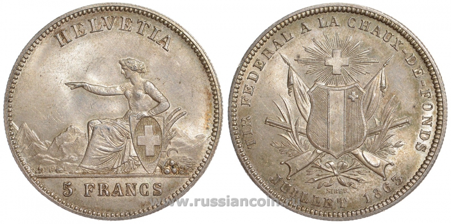 Швейцария 5 франков 1863 стрелковый фестиваль - Ла-Шо-де-Фон KM S7 серебро aUNC 00-814-63