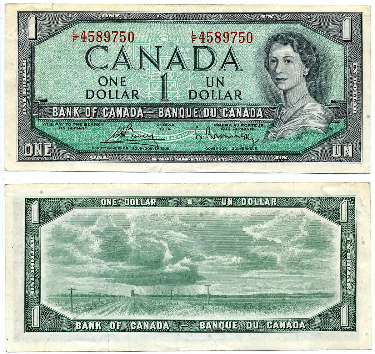 Канада 1 доллар 1954 Елизавета II (1952- ), Bouey-Rasminsky Pick 75 c бумага 2197-1-1-2