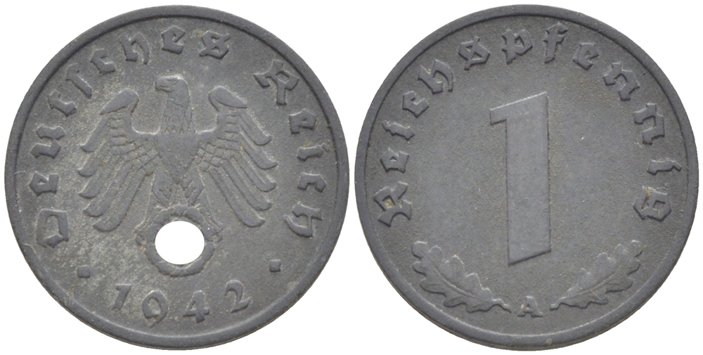 ГЕРМАНИЯ 1 РЕЙХСПФЕННИГ 1942 А KM 97, J. 369 цинк 4181-516