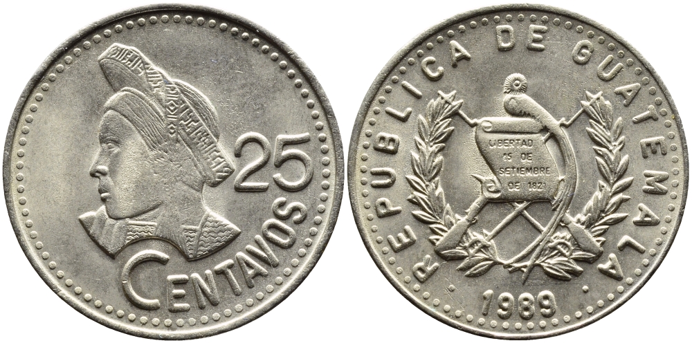 Гватемала 25 сентаво 1989 большая голова, Республика Гватемала KM 278.5 медно-никель UNC 4389-421