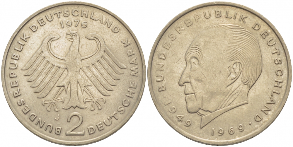 ФРГ 2 МАРКИ 1976 J, КОНРАД АДЕНАУЭР KM 124, J. 406 медно-никель плакированный никелем плакированный никелем 3996-915