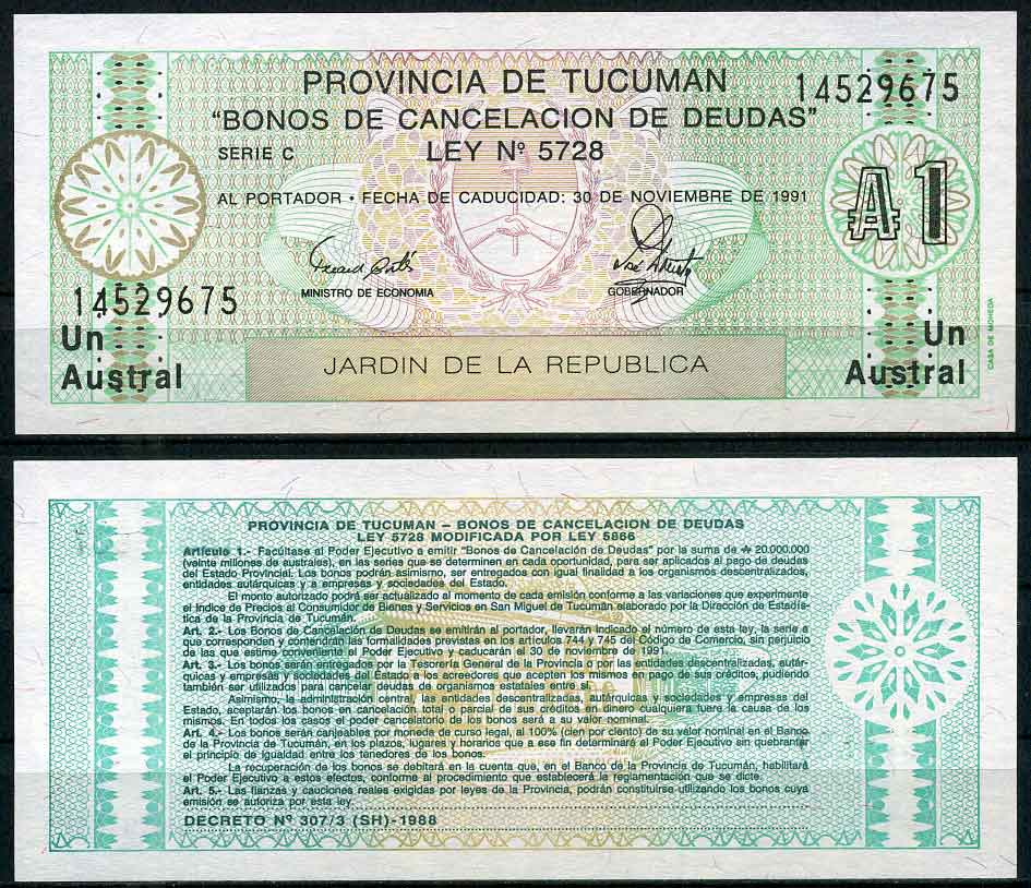 Аргентина, провинция Тукуман 1 аустраль 1991 Pick S 2711b  бумага  UNC (пресс) 7202-29-1
