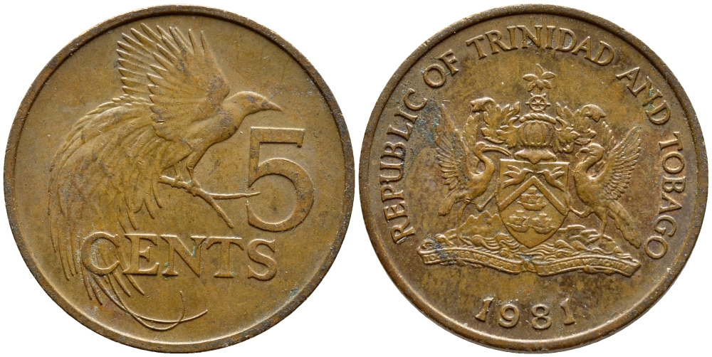 Тринидад и Тобаго 5 центов 1981 райская птица KM 30 бронза 4398-134