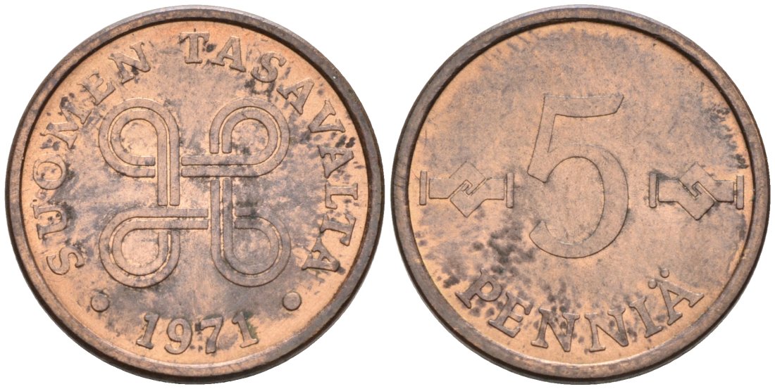 Финляндия 5 пенни 1971 KM 45 медь 4564-867
