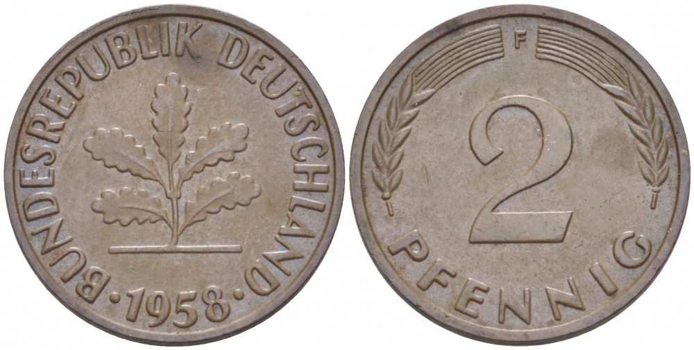 ФРГ 2 ПФЕННИГА 1958 F KM 106, J. 381 бронза 3955-624