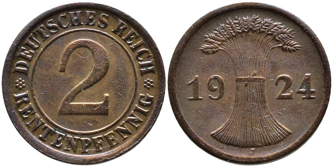 ГЕРМАНИЯ 2 РЕНТЕНПФЕННИГА 1924 J, ВЕЙМАРСКАЯ РЕСПУБЛИКА (1919-1933) KM 31, Jager 307, Weege 3 бронза 4546-813