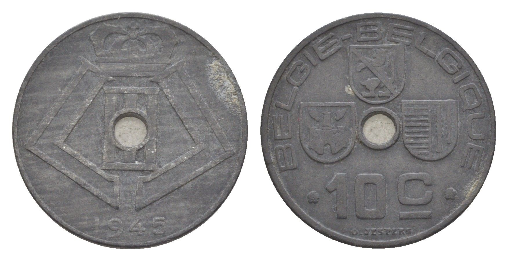 Бельгия 10 сантимов 1945 Belgie - Belgique, Леопольд III (1934-1947), германская оккупация, Вторая мировая война KM 126 цинк 4639-143