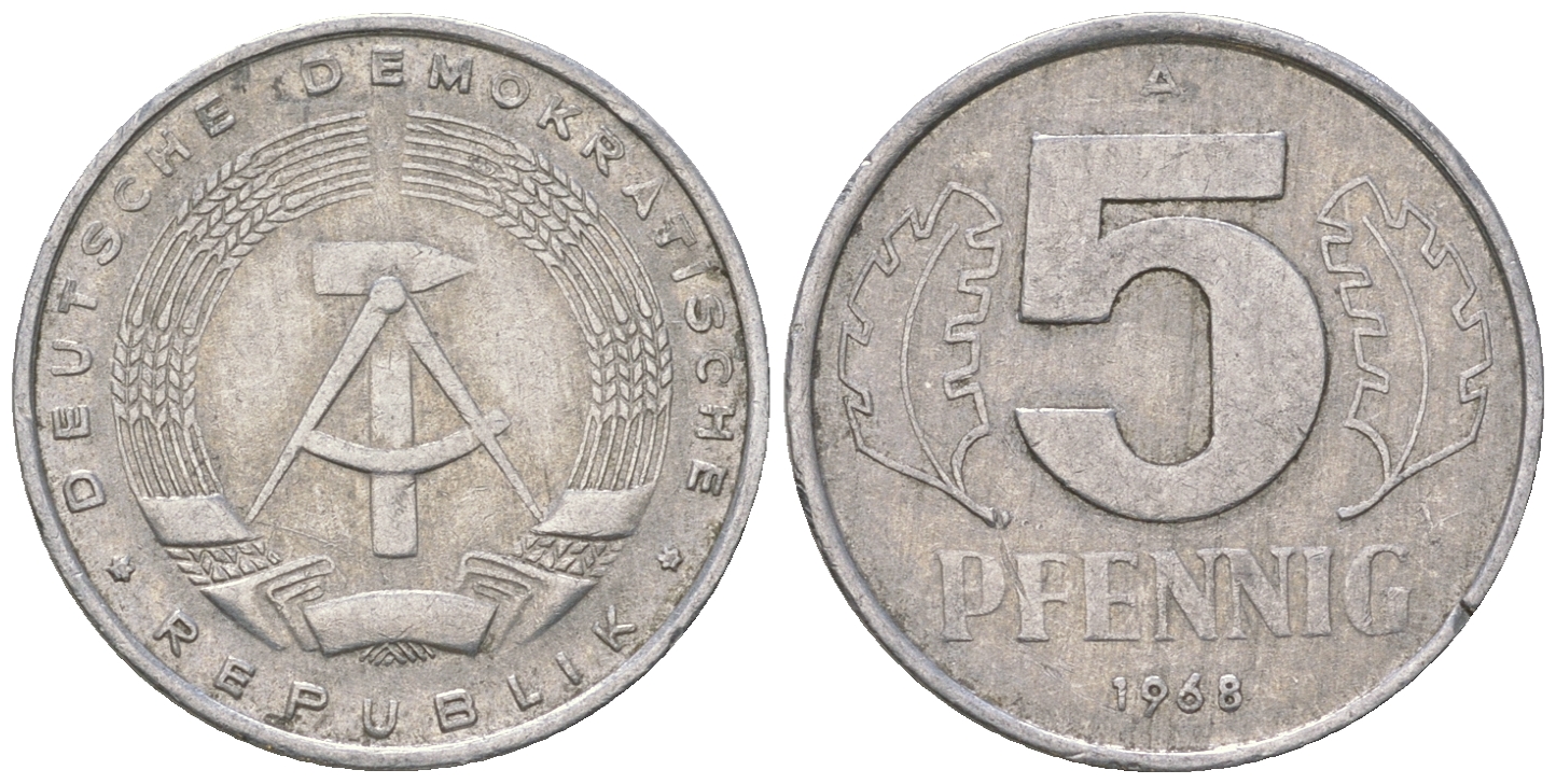 ГДР 5 пфеннигов 1968 А KM 9.1 алюминий 4625-145
