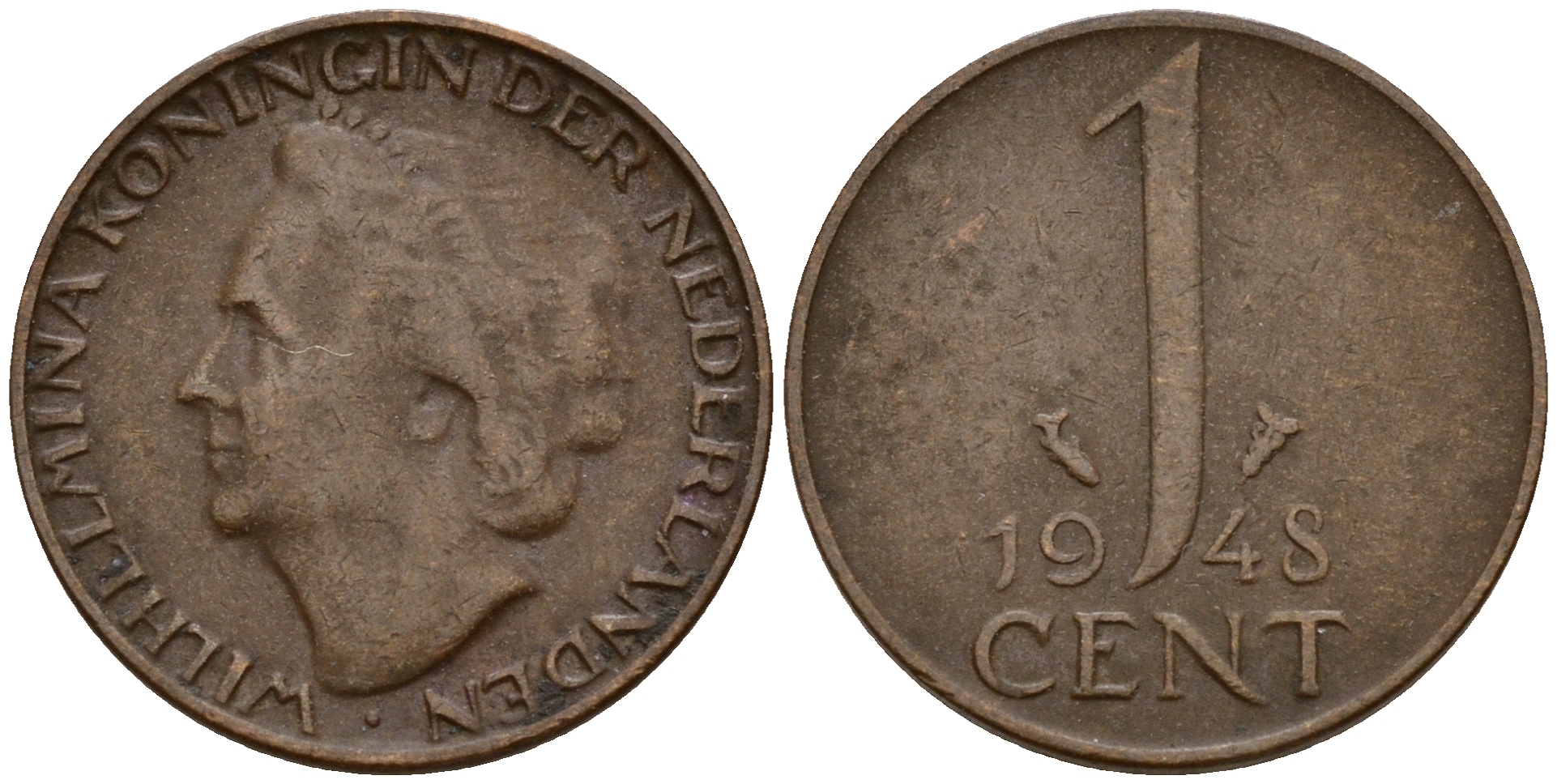 Нидерланды 1 цент 1948 Вильгельмина (1890-1948), год тип KM 175 бронза 4598-137