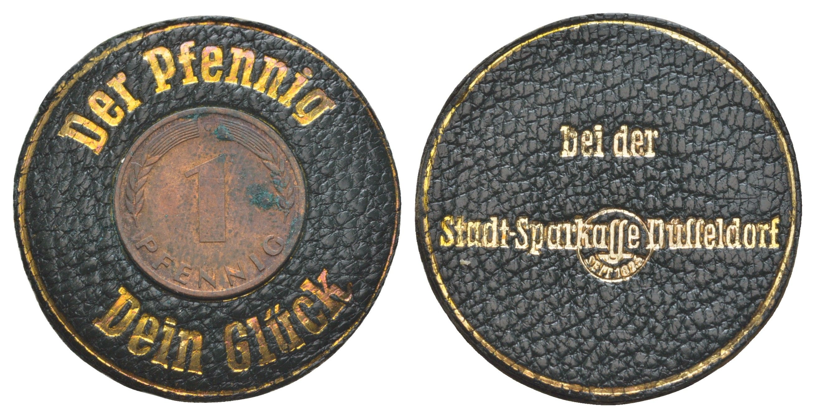 ФРГ "счастливый" пфенниг, кожаная оболочка с 1 пфеннигом ND диаметр 33 мм, вес 3,2 гр кожа 4634-642