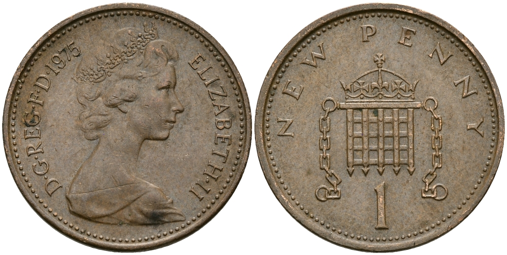Великобритания 1 пенни 1975 Елизавета II (1952-2022) KM 915, Spink 4237 (B1) бронза 4396-1114