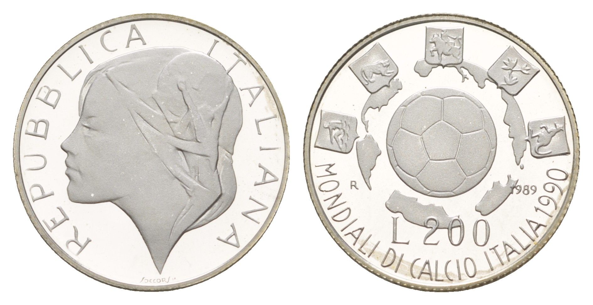 Италия 200 лир 1989 Чемпионат мира по футболу 1990 KM 133 серебро PROOF 1083-3-64