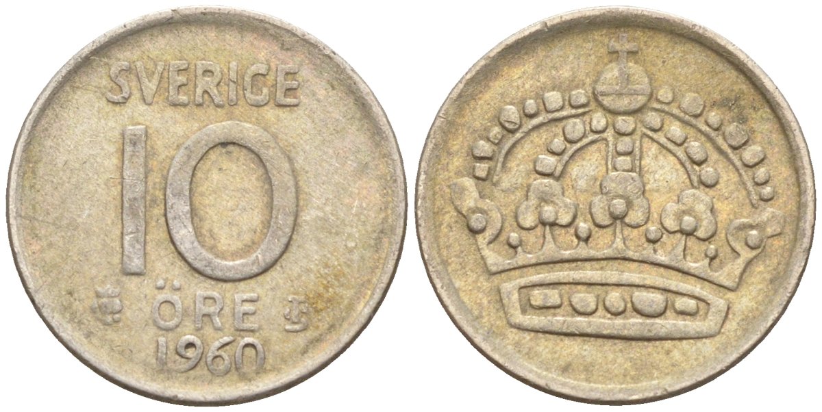 Швеция 10 эре 1960 Густав VI Адольф (1950-1973) KM 823 серебро 4147-926