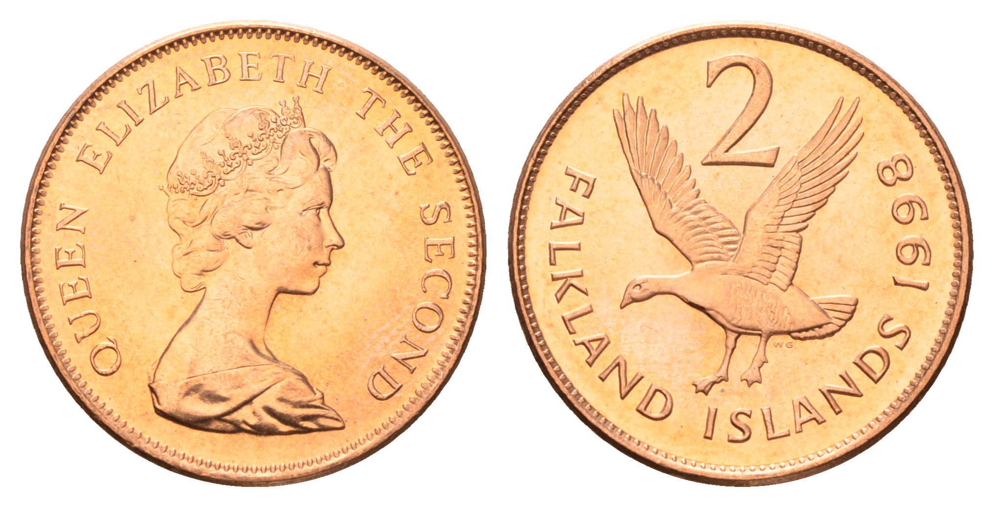 Фолклендские острова (Фолкленды) 2 пенса 1998 Елизавета II (1952-2022), магелланов гусь KM 3 сталь плакированная медью  UNC  4675-546