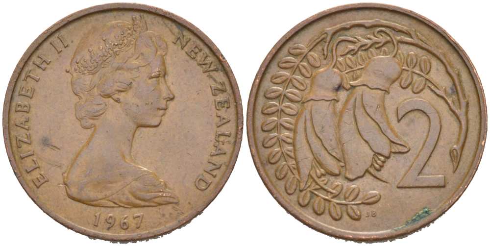 Новая Зеландия 2 цента 1967 Елизавета II (1952-2022), два цветка кохаи KM 32.1 бронза 217-536