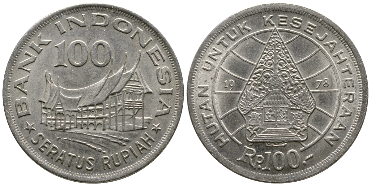 Индонезия 100 рупий 1978 хижина Минангкабау, легендарное дерево жизни KM 42 медно-никель UNC 4384-227