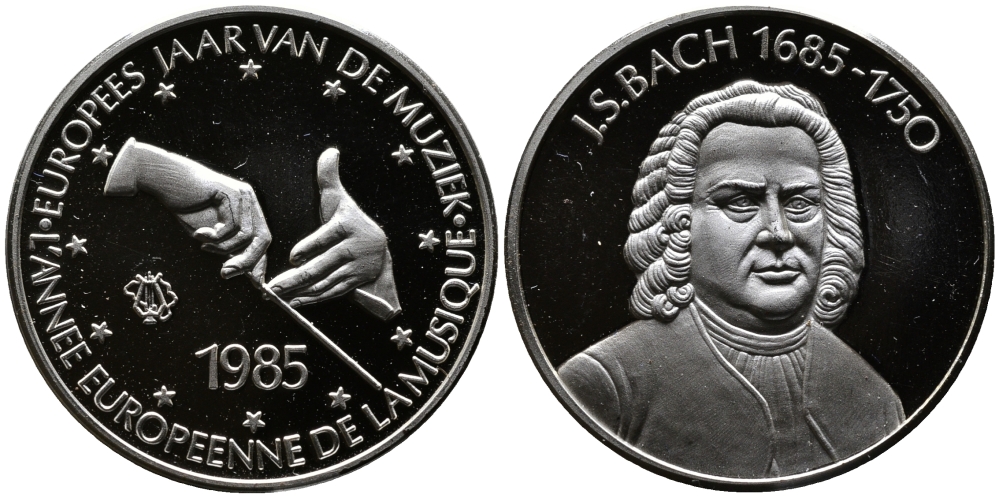 БЕЛЬГИЯ МЕДАЛЬ 1985 МЕЖДУНАРОДНЫЙ ГОД МУЗЫКИ, ИОГАНН СЕБАСТЬЯН БАХ (1685-1750), ДИАМЕТР 30 ММ., ВЕС 12 ГР. серебро PROOF 00-000-00