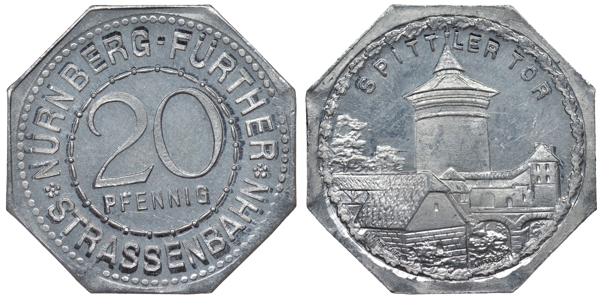 Германия, Нюрнберг - Фюрт 20 пфеннигов ND трамвайный жетон, ворота Spittler алюминий UNC 4119-654