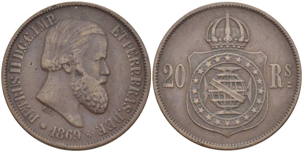 Бразилия 20 рейсов 1869 Педро II (1831-1889) KM 474 бронза 4529-455