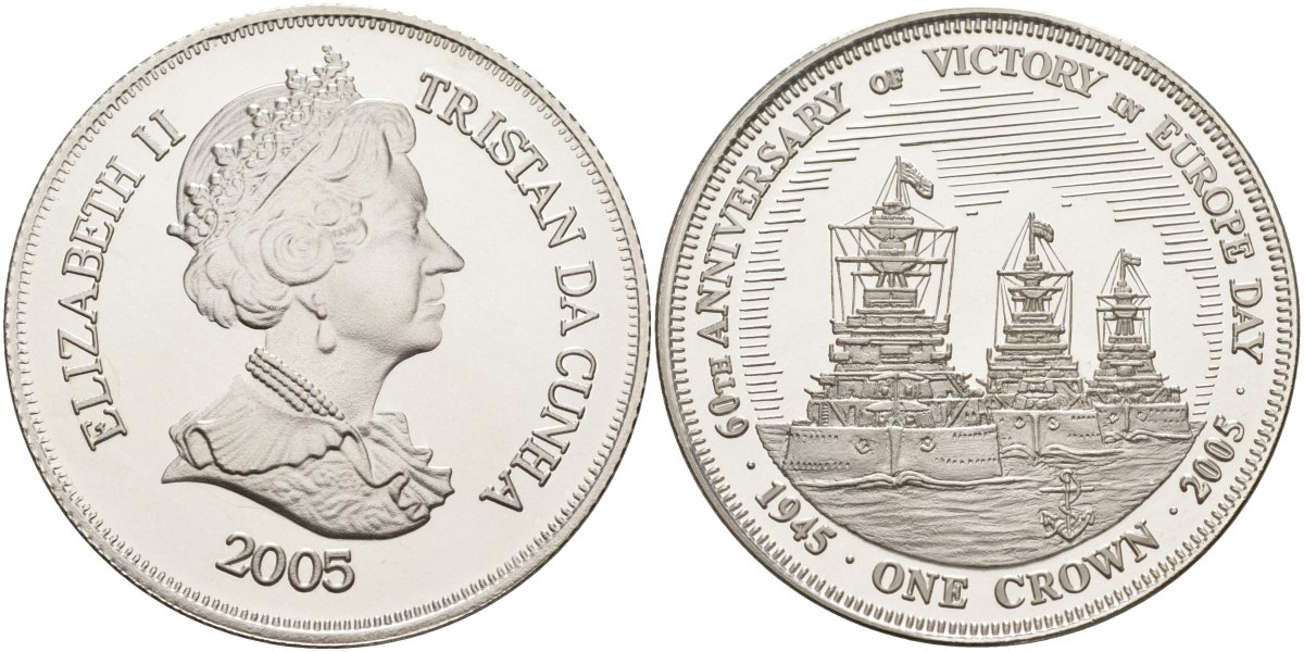 Тристан-да-Кунья 1 крона 2005 60-я годовщина победы в Европе, корабли серебро PROOF 00-00