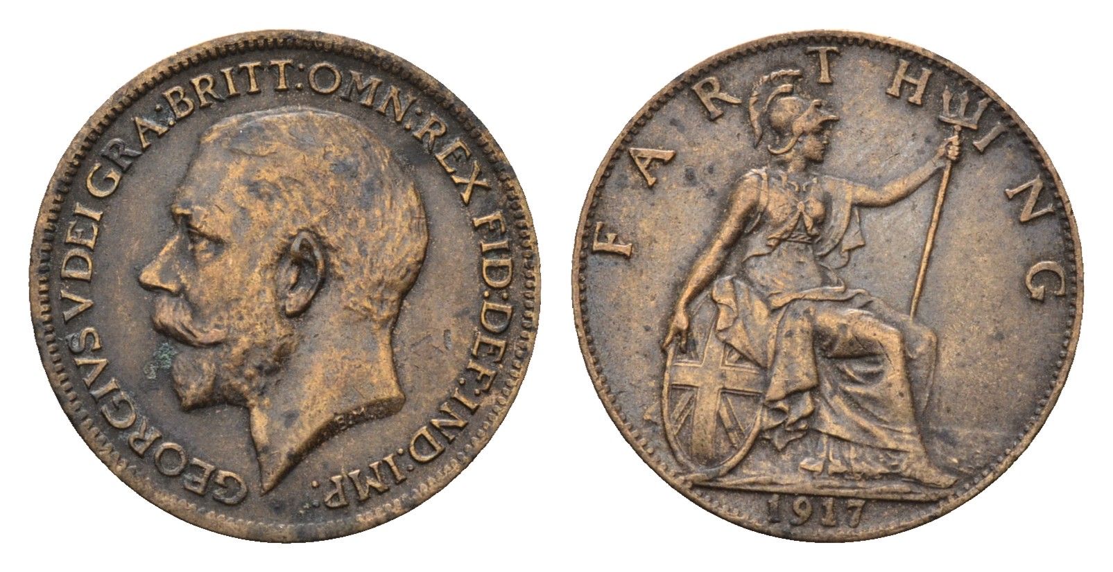 Великобритания 1 фартинг 1917 Георг V (1910-1936) KM 808.1, Spink 4059 бронза 4690-755