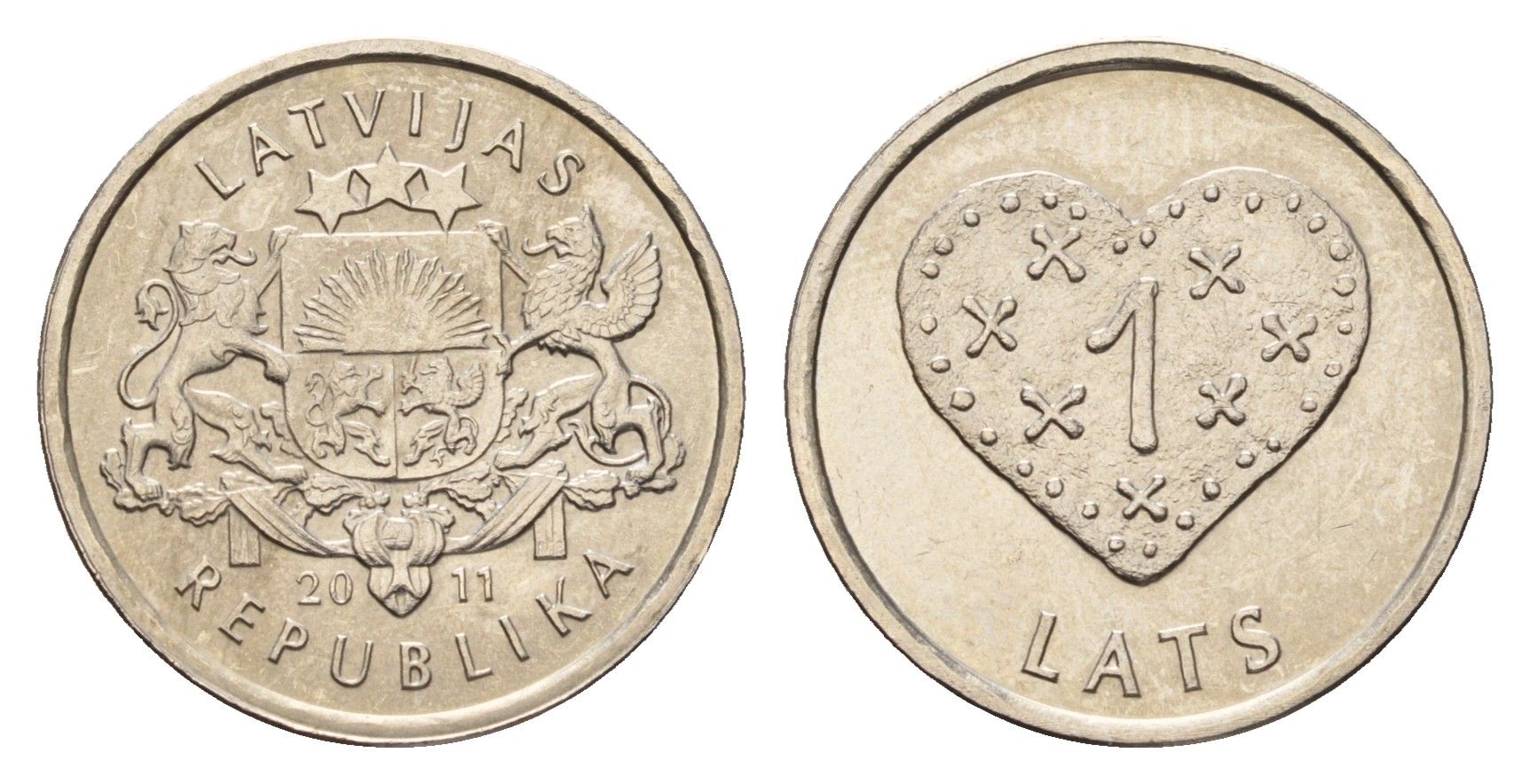 Латвия 1 лат 2011 Пряничное сердце KM 127 медно-никель UNC 4679-356