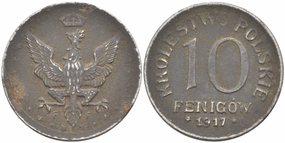 ПОЛЬША 10 ФЕНИГОВ 1917 FF, ПЕРВАЯ МИРОВАЯ ВОЙНА, НЕМЕЦКАЯ ОККУПАЦИЯ, ЛЕГЕНДА НЕ КАСАЕТСЯ КРАЯ KM 6 железо 213-917