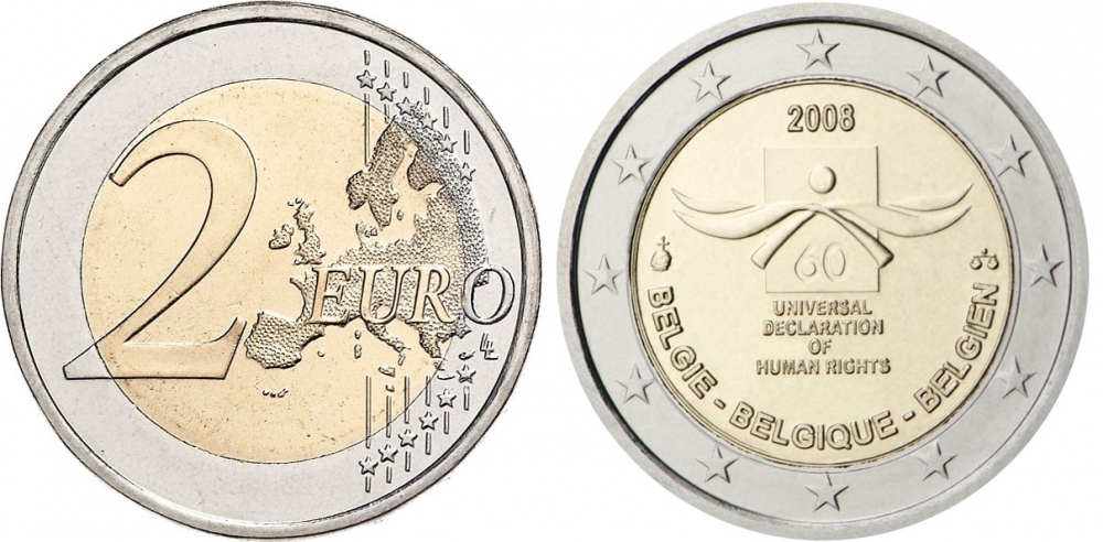 Бельгия 2 евро 2008 60 лет принятие декларации прав человека KM 248 биметалл UNC 4525-1241