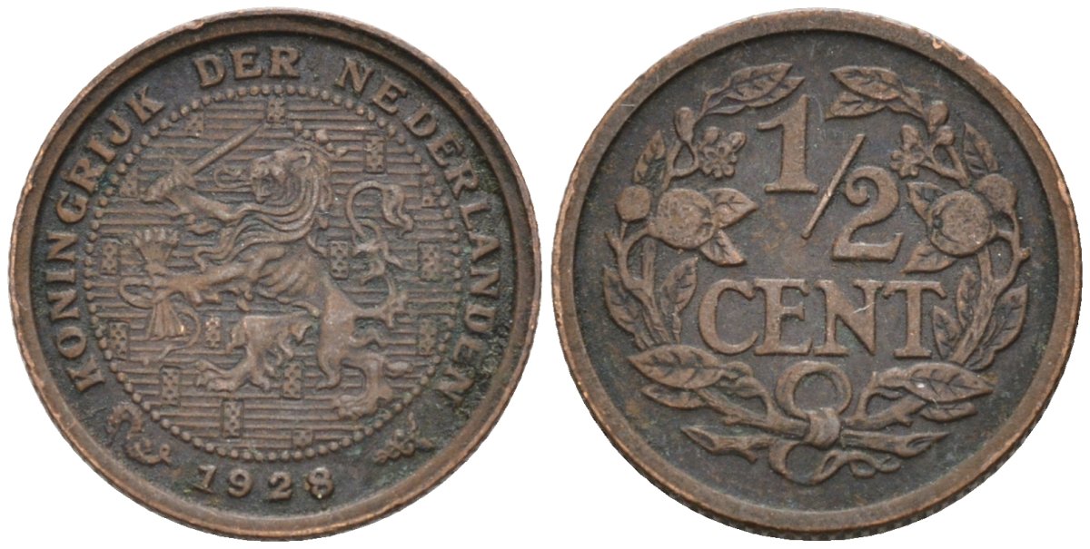 Нидерланды 1/2 цента 1928 Вильгельмина (1890-1948) KM 138 бронза 4576-453