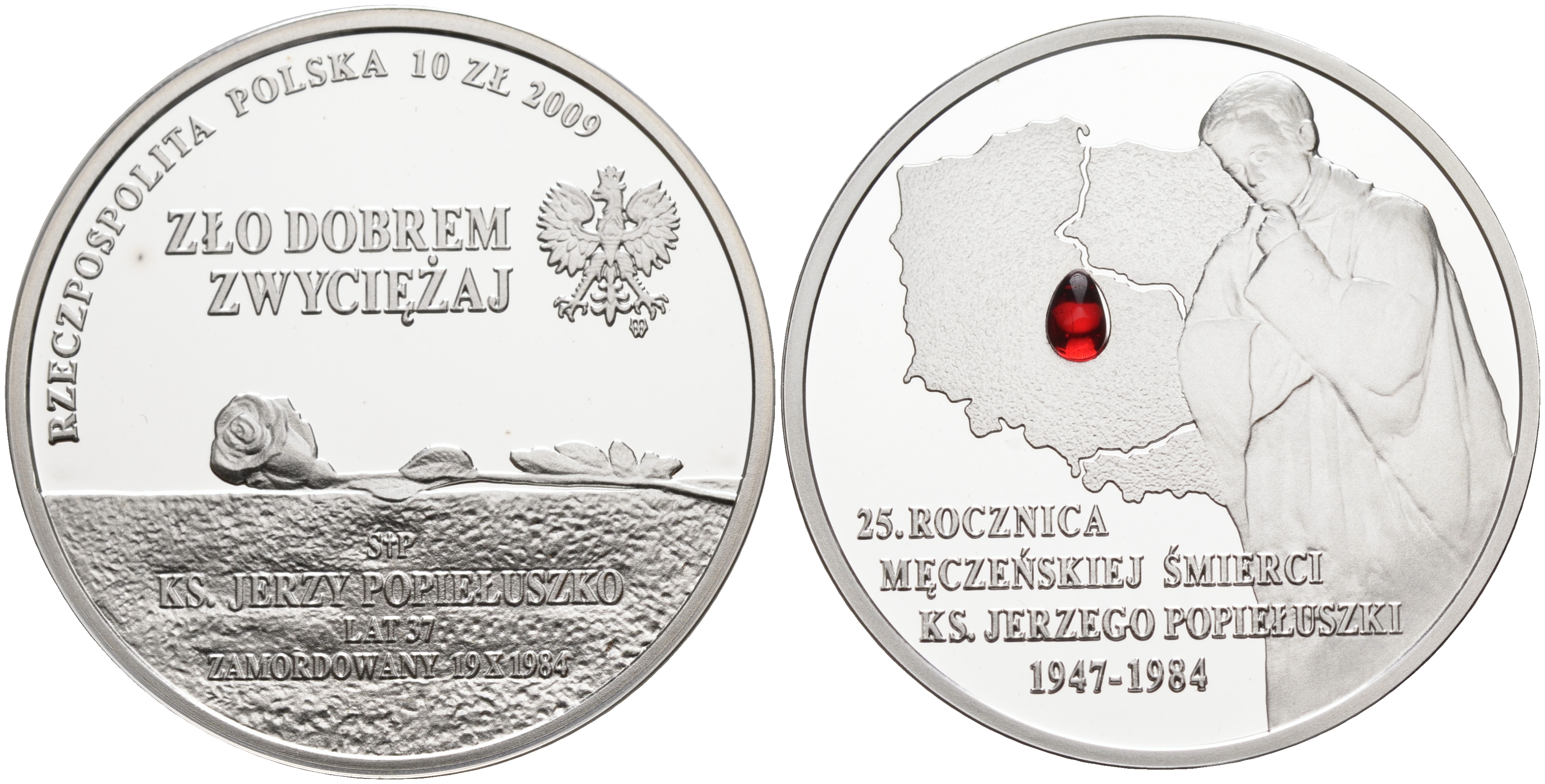 Польша 10 злотых 2009 25 лет со дня убийства Ежи Попелушко, красная слеза KM 701 серебро PROOF 1096-2-51