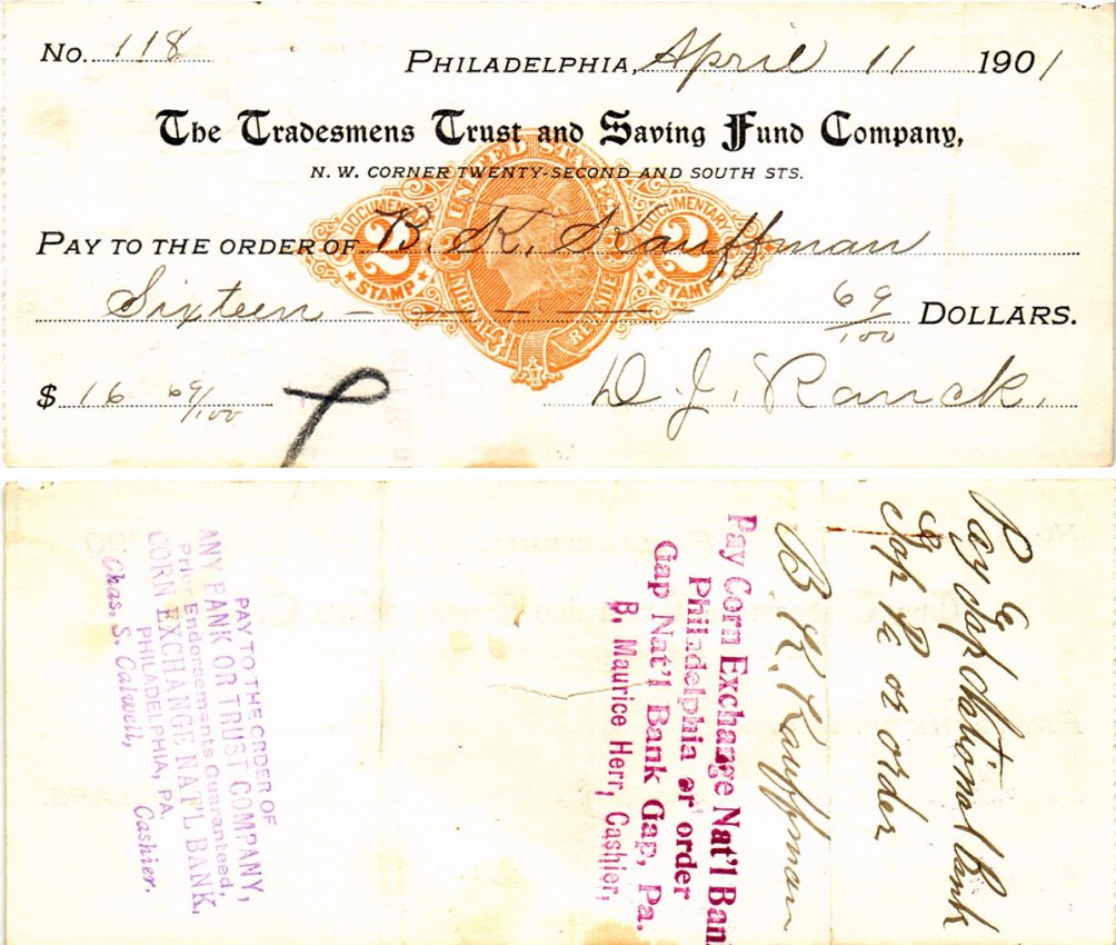 США чек на 16,69 долларов 1901 Филадельфия бумага 3295-108-2-1