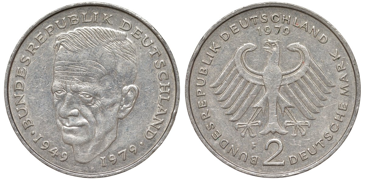 ФРГ 2 марки 1979 F, Курт Шумахер, 30 лет Федеративной Республике (1949-1979) KM 149, J. 424 медно-никель 4137-1022