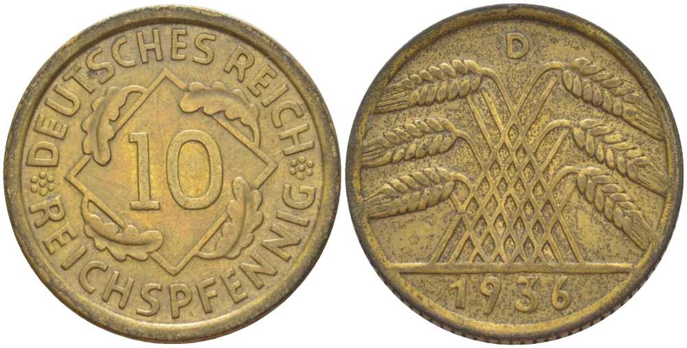 ГЕРМАНИЯ 10 РЕЙХСПФЕННИГОВ 1936 D KM 40, J. 317, Weege 9 алюминиевая бронза 210-427