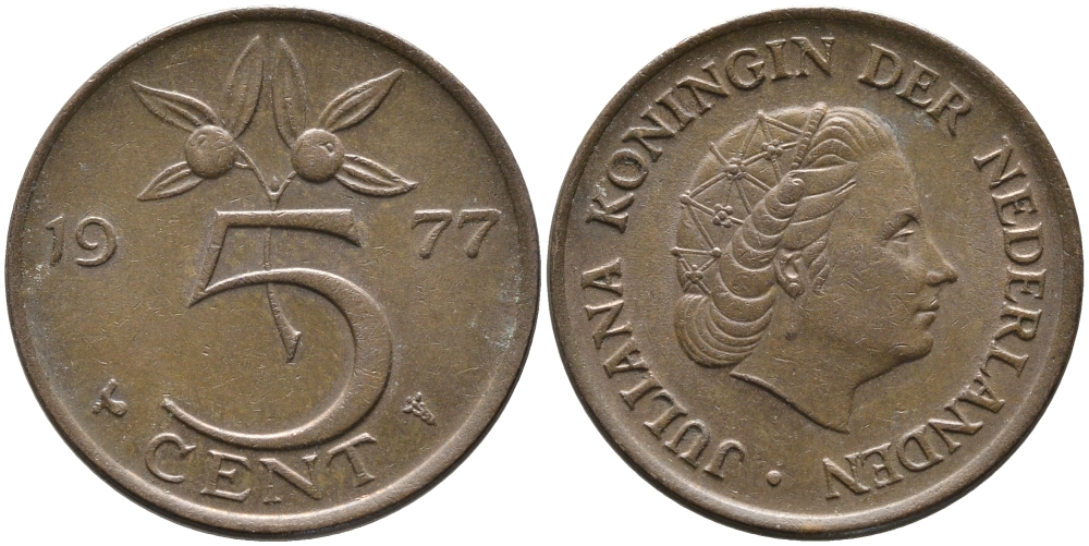 Нидерланды 5 центов 1977 Юлиана (1948-1980) KM 181 бронза 65-1224