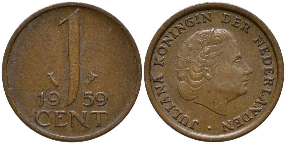 НИДЕРЛАНДЫ 1 ЦЕНТ 1959 ЮЛИАНА KM 180 бронза 112-718