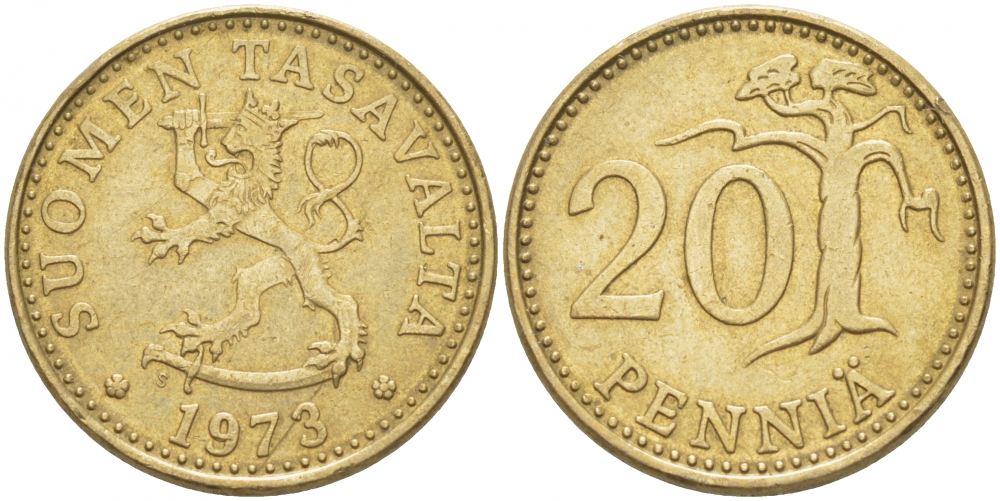 ФИНЛЯНДИЯ 20 ПЕННИ 1973 S KM 47 алюминиевая бронза 3718-1251