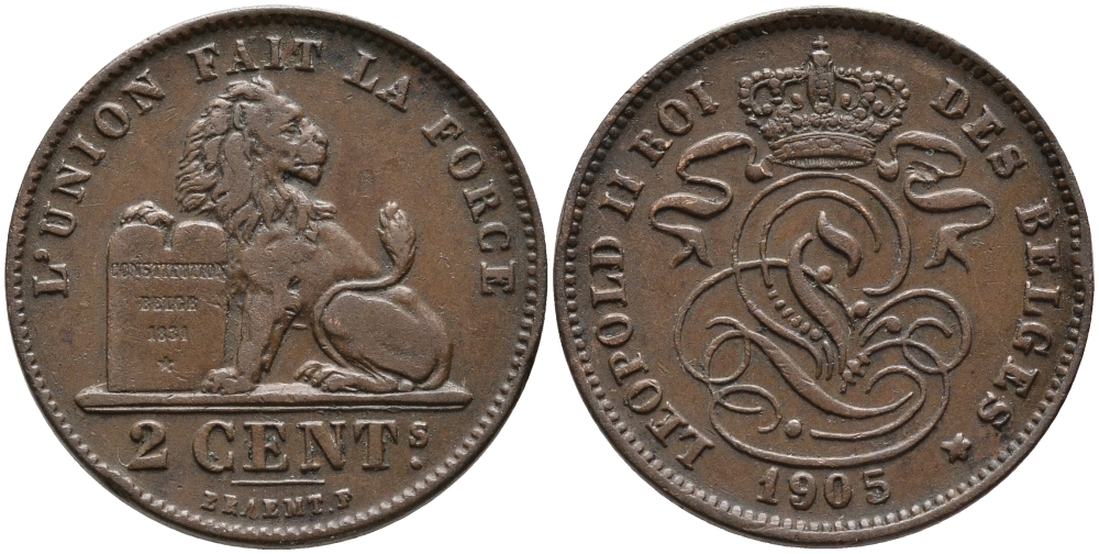 БЕЛЬГИЯ 2 САНТИМА 1905 BELGES KM 36 медь 4395-626
