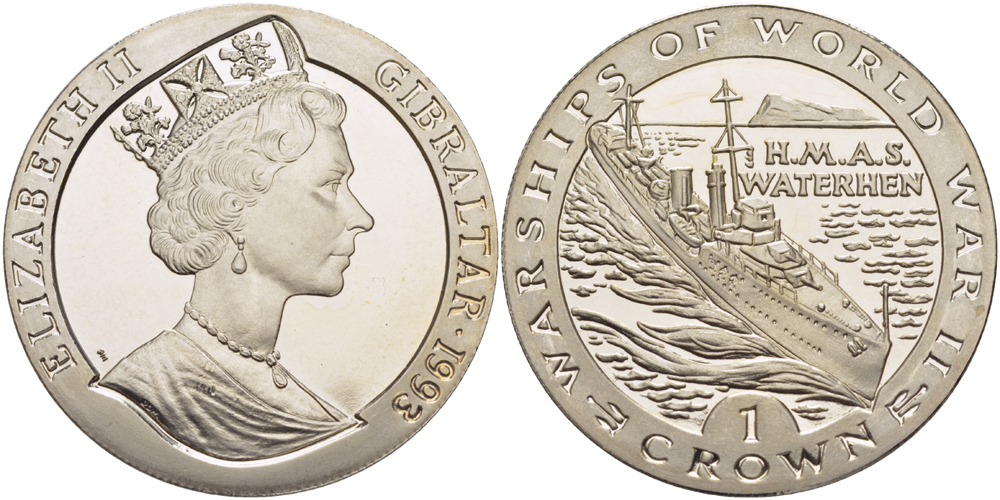 Гибралтар 1 крона 1993 серия военные корабли второй мировой войны, H.M.A.S. WATERHEN австралийский эсминец W-класса KM 123 медно-никель BUNC 1084-9-31