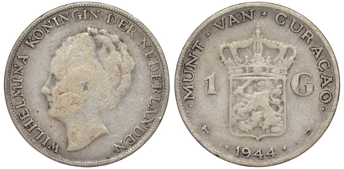 Нидерландское Кюрасао 1 гульден 1944 D, Вильгельмина (1890-1948) KM 45 серебро 36-444