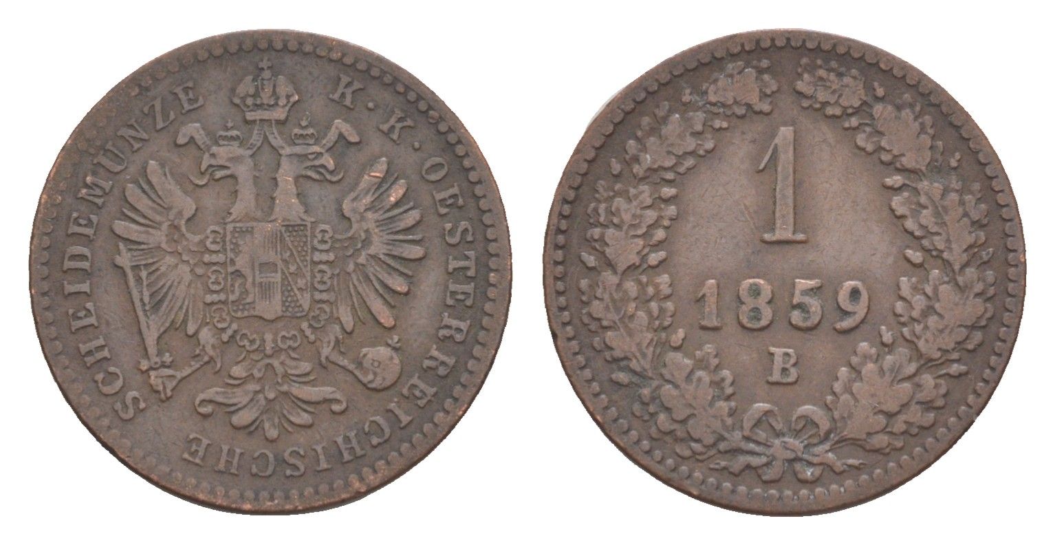 Австрия 1 крейцер 1859 B, Франц Иосиф I (1848-1916) KM 2186 медь 4639-167
